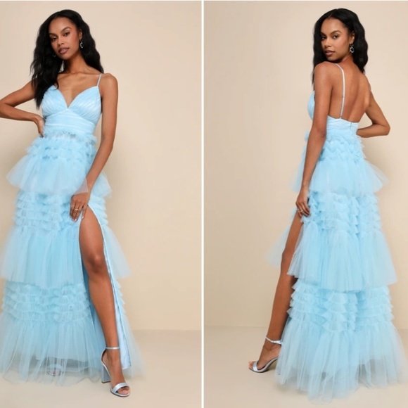 LULU's Prom Wedding Sexy Tiered Ruffles Boho Chic Blue Maxi Dress NWOT - Picture 1 of 4